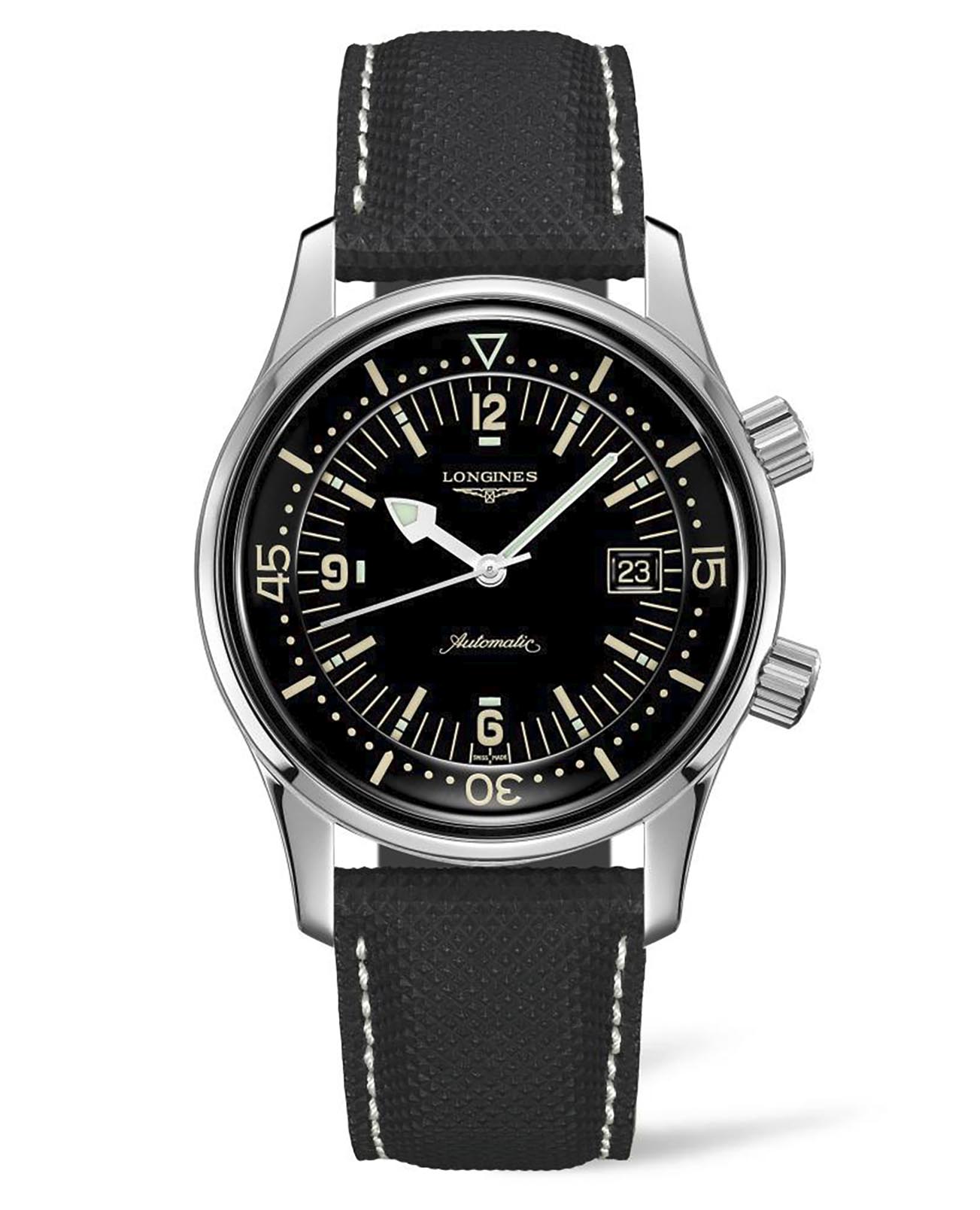 Longines Longines Legend Diver Watch L3.774.4.50.0   L37744500 механические мужские часы черный циферблат, браслет кожаный — вид спереди